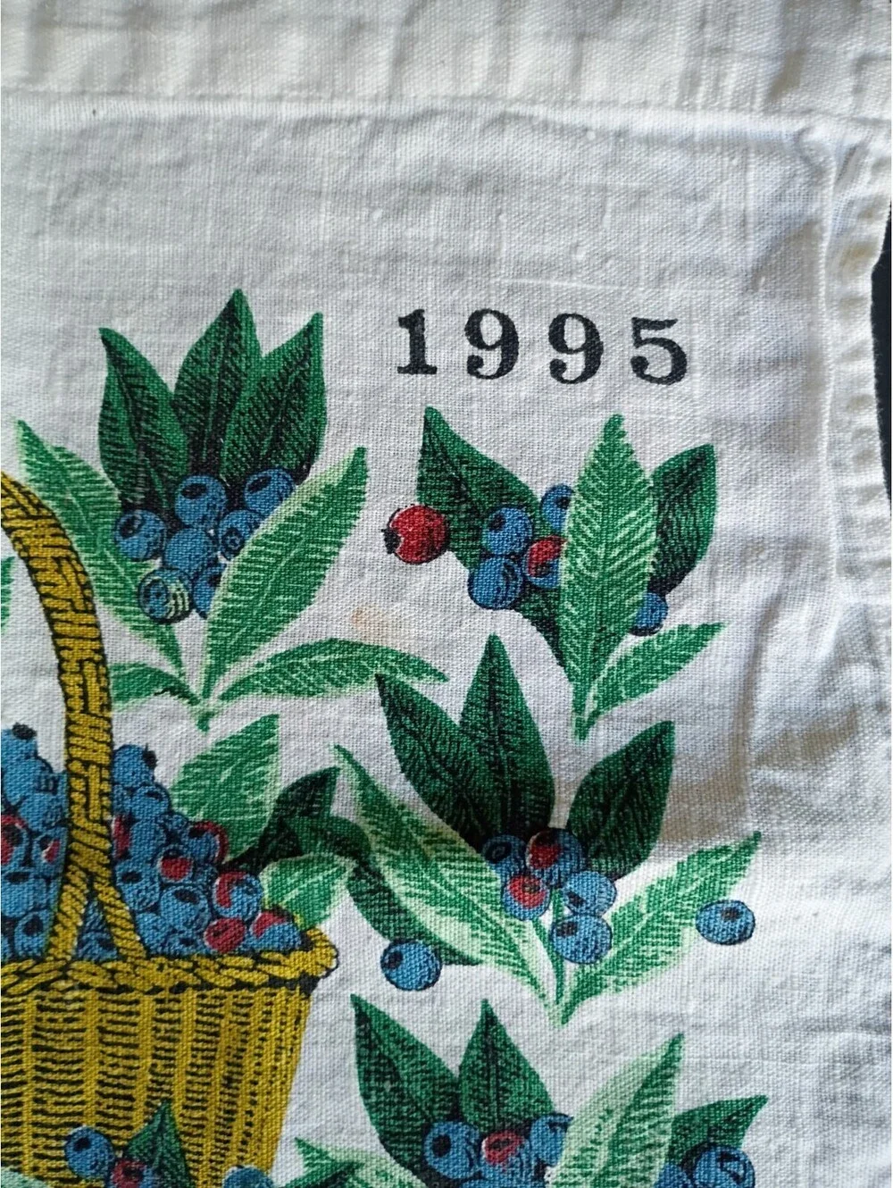Vintage Y2K Linen Tea Towel Calendar Wall Hanging 1995 Blueberry Time Basket